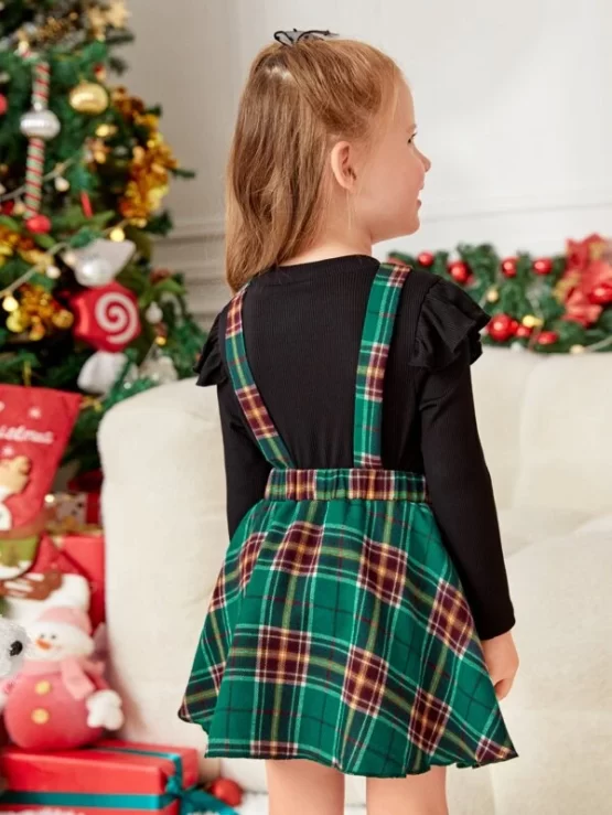 Toddler Girls Ruffle Trim Top & Tartan Print Suspender Skirt - Image 2