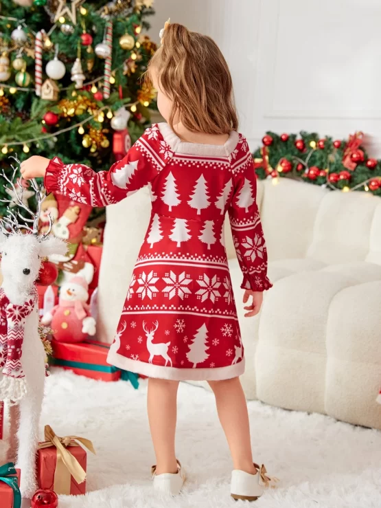 Toddler Girls One Piece Christmas Print Flounce Sleeve Dress - Image 3