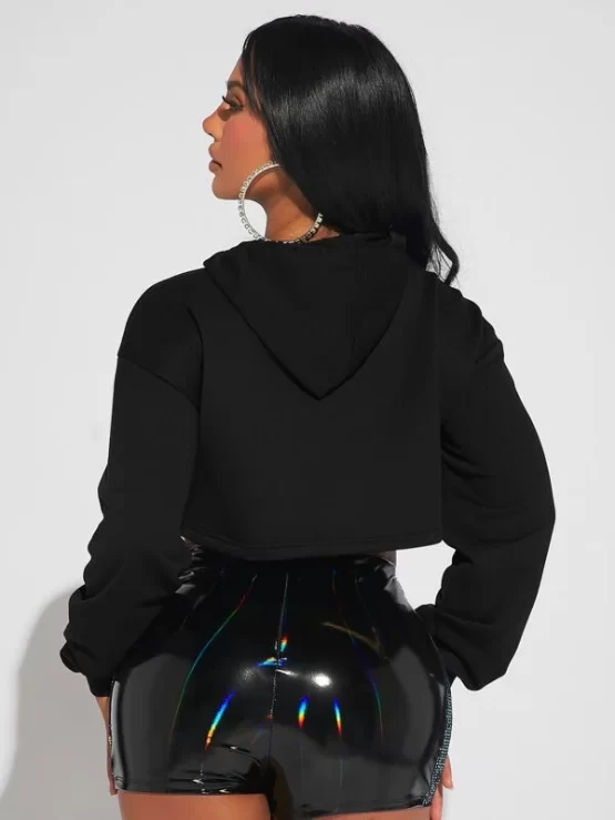 Contrast Sequin Drop Shoulder Drawstring Crop Hoodie - Image 2