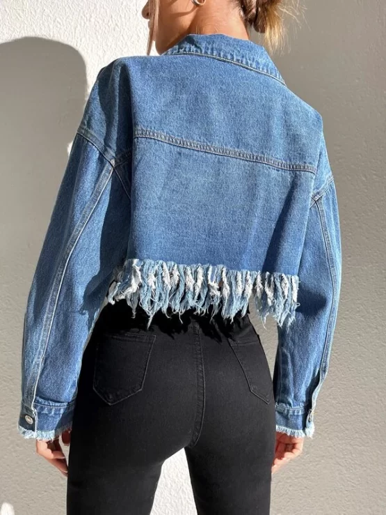 Fringe Trim Drop Shoulder Raw Cut Crop Denim Jacket - Image 2