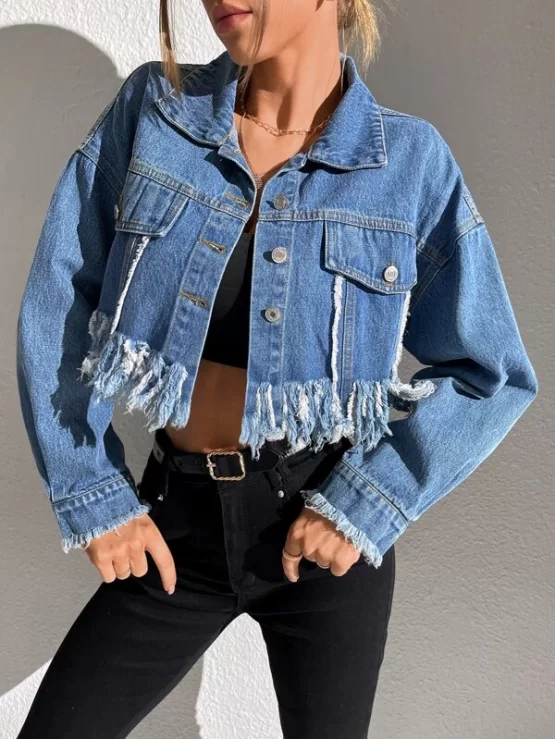 Fringe Trim Drop Shoulder Raw Cut Crop Denim Jacket - Image 3