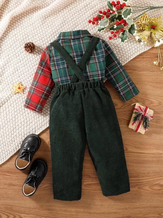 Baby Tartan Print Bow Front Shirt & Suspender Pants - Image 2