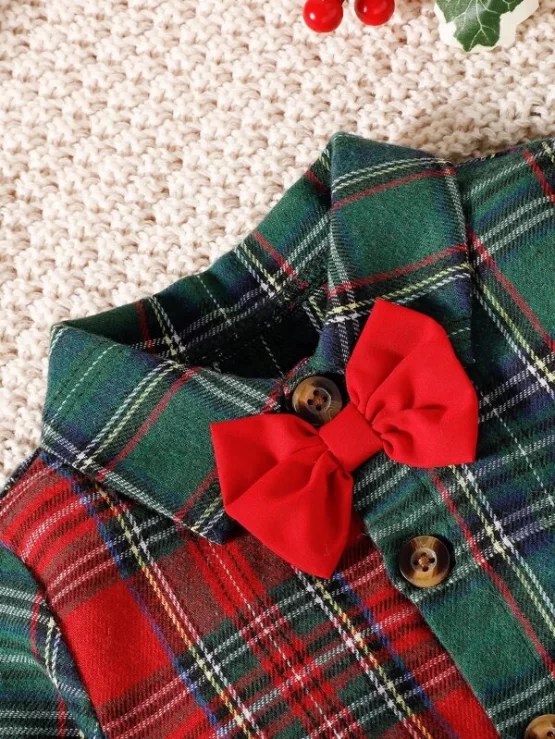 Baby Tartan Print Bow Front Shirt & Suspender Pants - Image 3