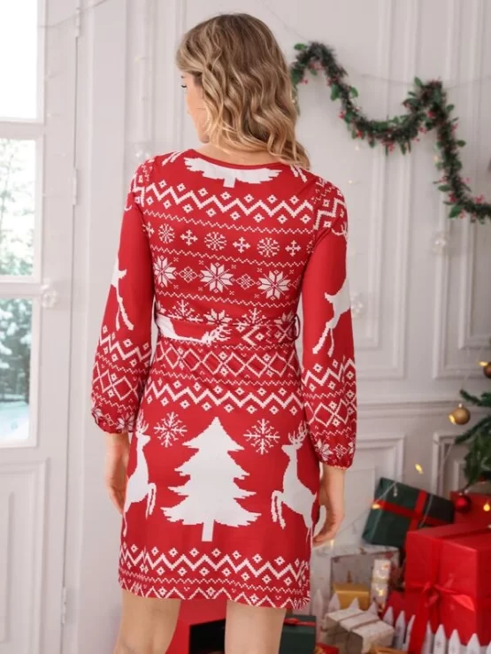 Christmas Print Self Tie Tee Belted Dress - Image 2