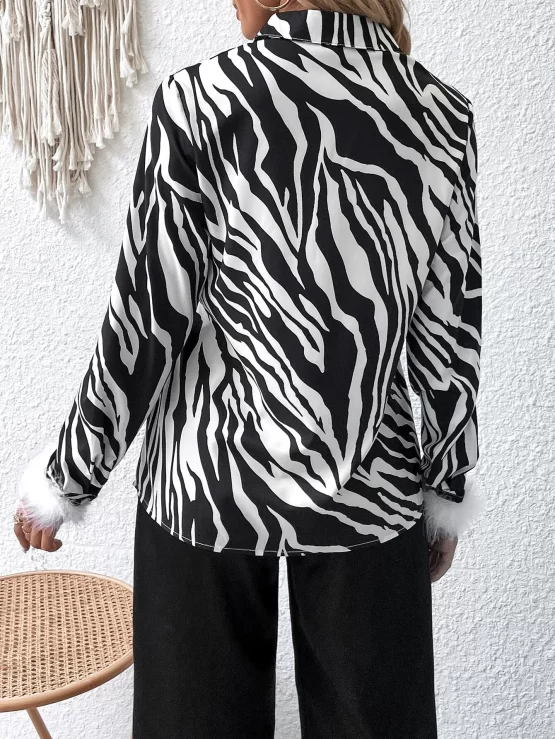 Zebra Striped Fuzzy Faux Fur Cuff Satin Shirt - Image 2
