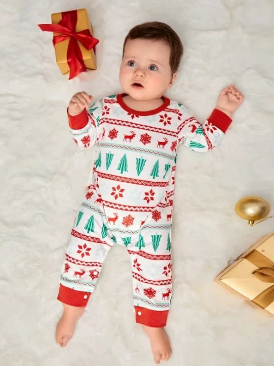 Baby Christmas Elk & Tree Print Jumpsuit - Image 2
