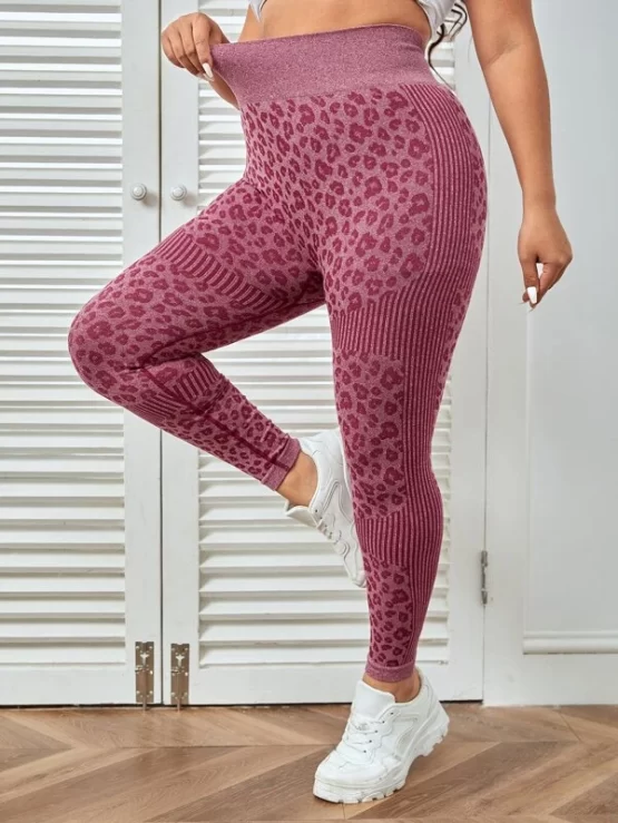 Plus Leopard Print Wide Waistband Sports Leggings - Image 2