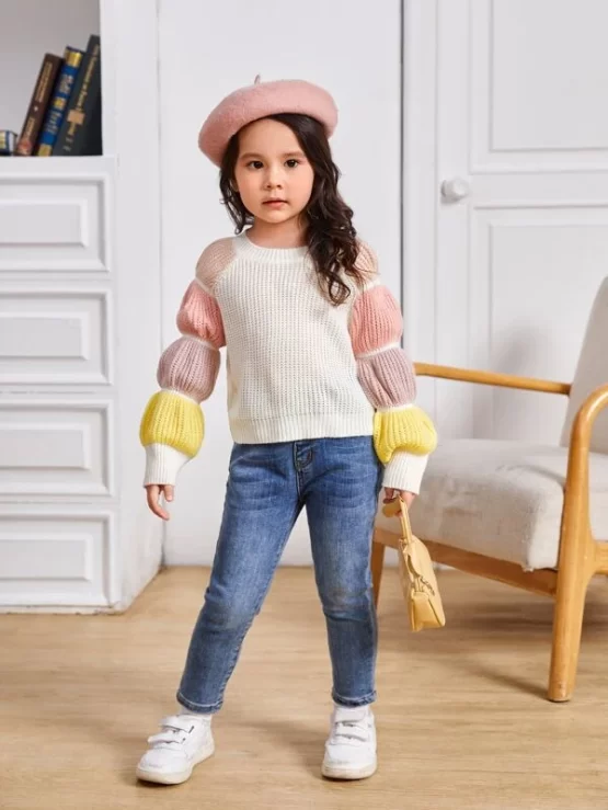 Toddler Girls Color Block Gathered Sleeve Detail Sweater - Image 3