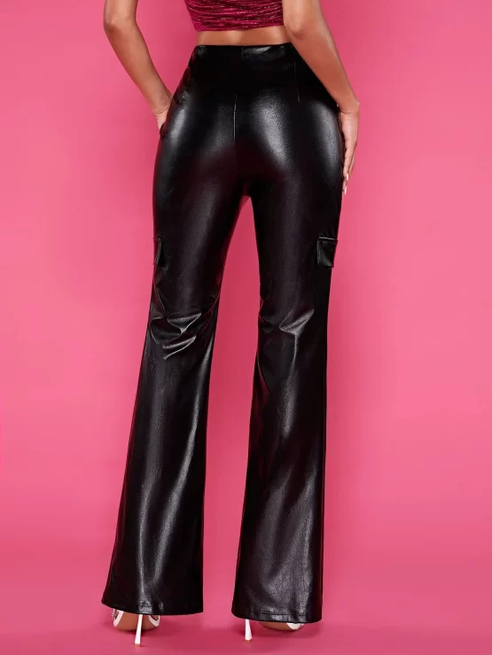 BAE Flap Detail Side PU Leather Flare Leg Pants - Image 2