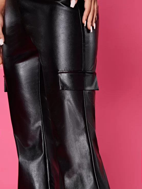 BAE Flap Detail Side PU Leather Flare Leg Pants - Image 3
