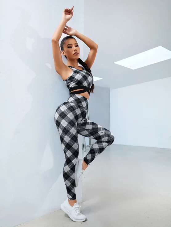 Plaid Wrap Cross Tummy Control Sports Set - Image 2