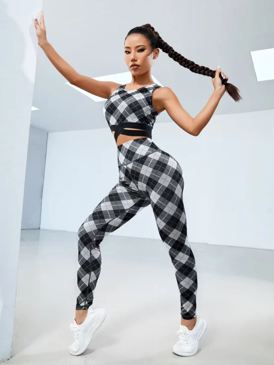 Plaid Wrap Cross Tummy Control Sports Set - Image 3