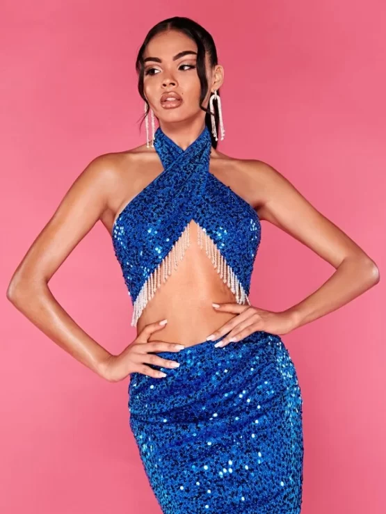 BAE Fringe Trim Crop Sequin Halter Top & Skirt Set - Image 2