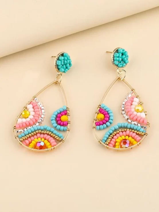 Color Block Bead Decor Water Drop Earrings - Image 2