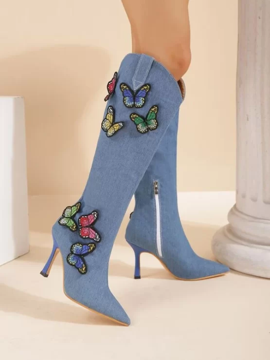Random Butterfly Decor Point Toe Stiletto Heeled Western Denim Boots - Image 3