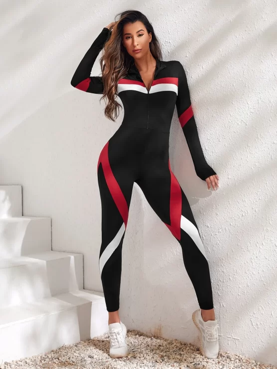 Color Block Stand Collar Zip Up Sports Jumpsuit - Image 2