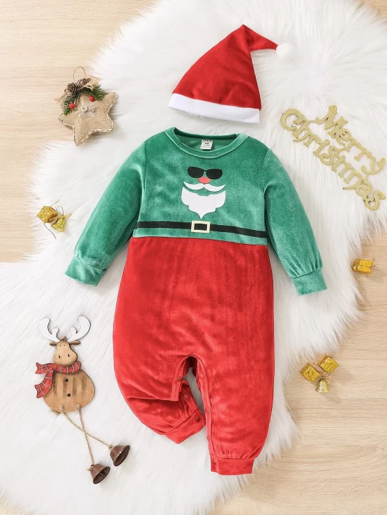Baby Christmas Sweatshirt Print Jumpsuit With Hat - Image 2