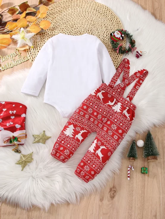 Baby Bow Front Bodysuit & Christmas Print Pinafore Pants - Image 3