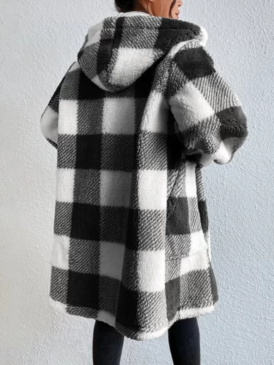 Buffalo Plaid Print Open Front Hooded Flannel Teddy Coat - Image 5