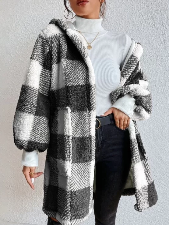 Buffalo Plaid Print Open Front Hooded Flannel Teddy Coat - Image 4