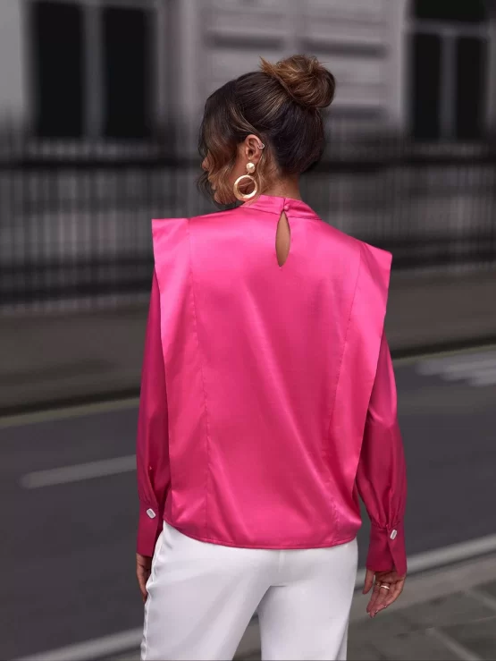 Mock Neck Glamorous Keyhole Back Satin Shirt - Image 3