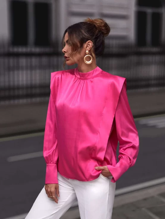 Mock Neck Glamorous Keyhole Back Satin Shirt - Image 2