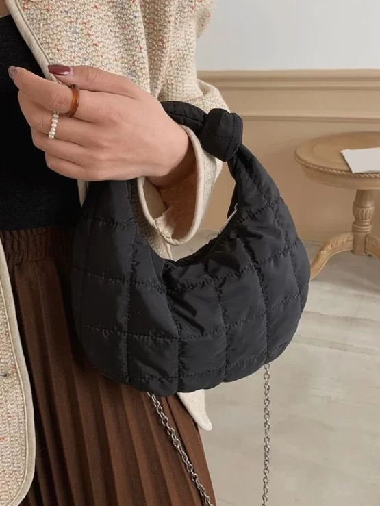 Quilted Knot Detail Top Handle Chain Hobo Bag - Image 2