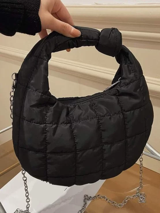 Quilted Knot Detail Top Handle Chain Hobo Bag - Image 3