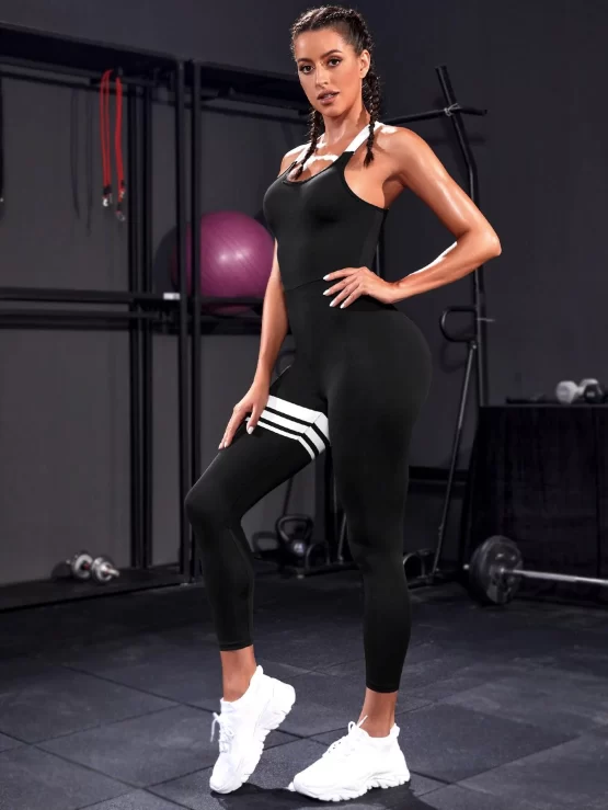 Criss Cross Back Contrast Mesh Sports Jumpsuit - Image 2