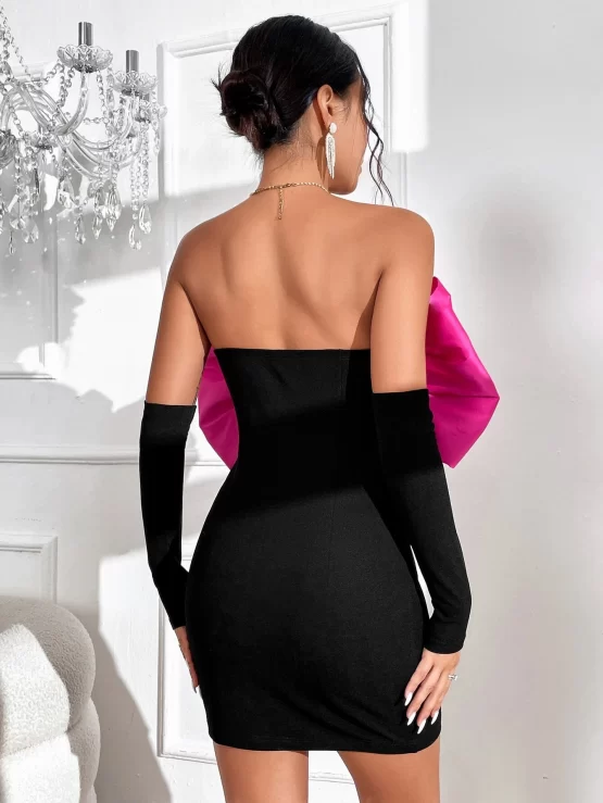 Color Block Bow Front Tube Bodycon Dress & Arm Sleeves - Image 3