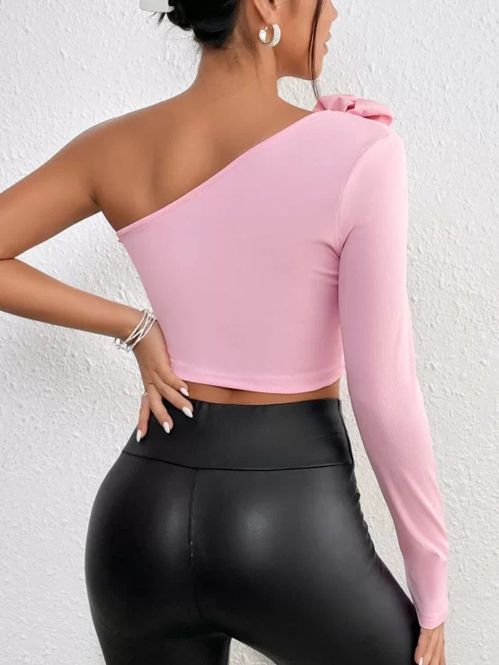 One Shoulder Appliques Rib-knit Crop Top - Image 2