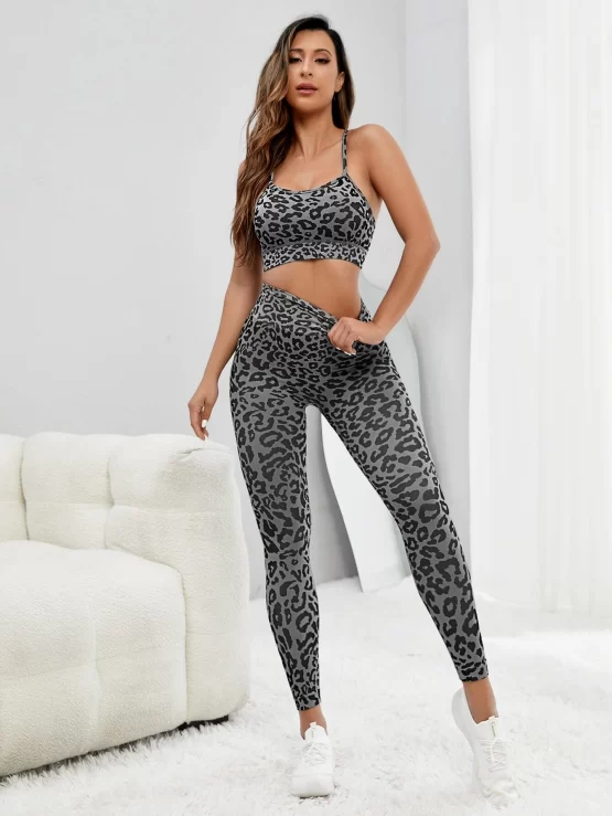 Leopard Print Criss Cross Backless Sports Set - Image 2