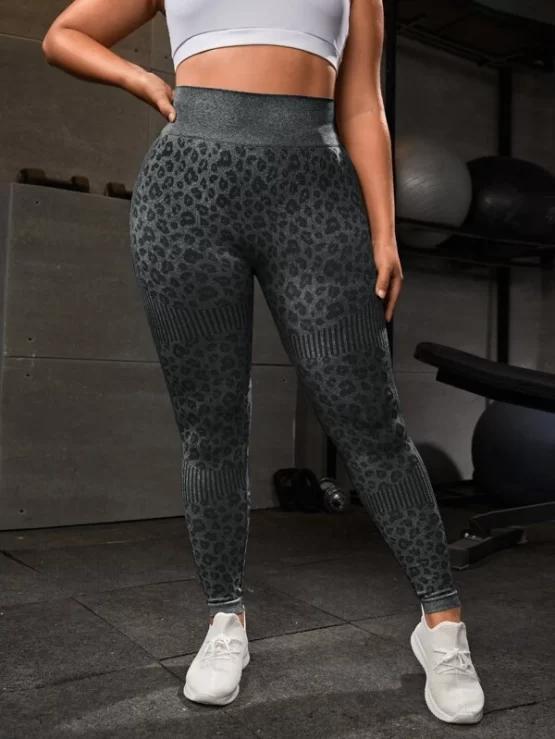 Plus Leopard Print Wide Waistband Sports Leggings - Image 4