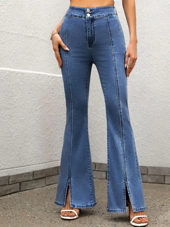 High Waist Slit Button Fly Hem Flare Leg Jeans - Image 3