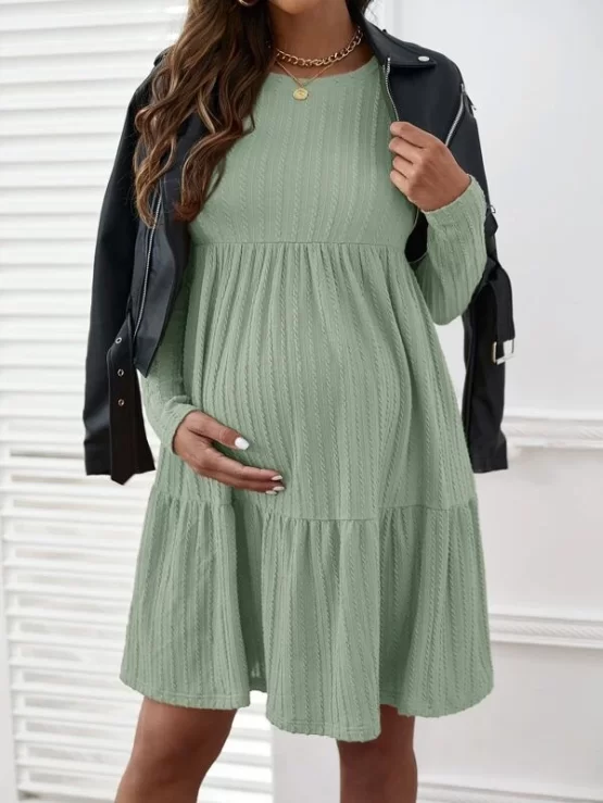 Maternity Cable Textured Ruffle Hem Smock Dress - Image 3