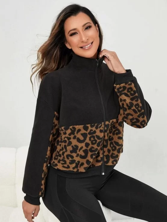 Leopard Print Zipper Warming Sports Jacket - Image 2
