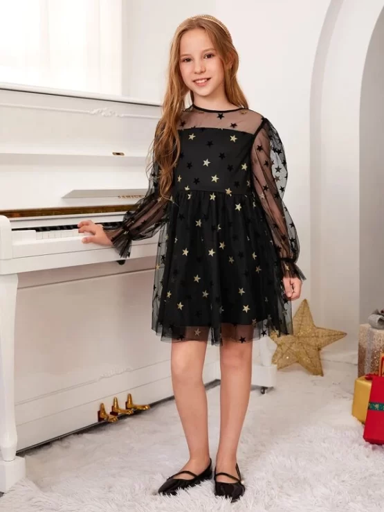 Girls Star Overlay Ruffle Print Mesh Dress - Image 3