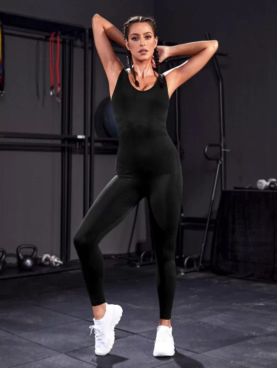 Criss Cross Plain Sports Backless Jumpsuit - Image 2