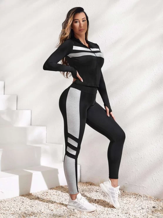 Color Block Zip Up Jacket & Sports Leggings Set - Image 3