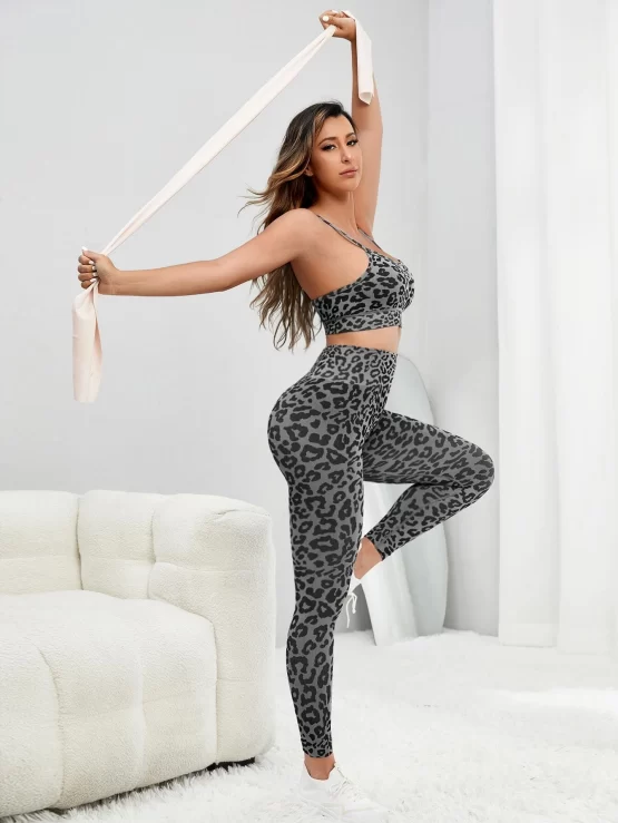 Leopard Print Criss Cross Backless Sports Set - Image 3