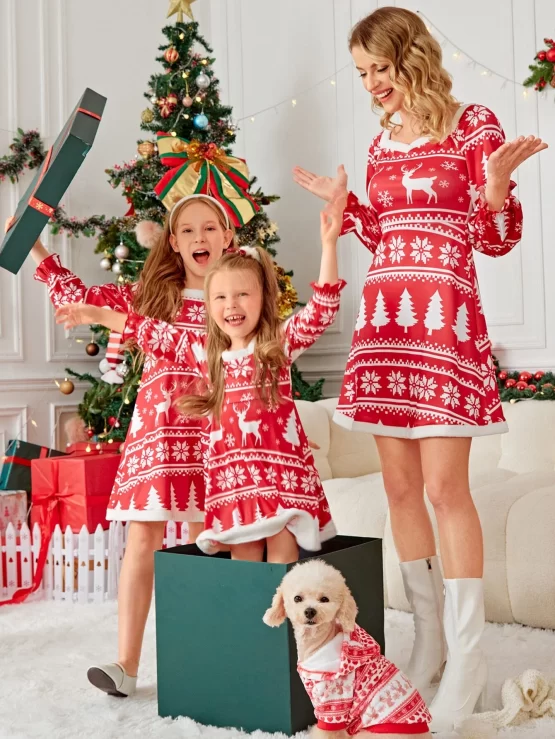 Toddler Girls One Piece Christmas Print Flounce Sleeve Dress - Image 2