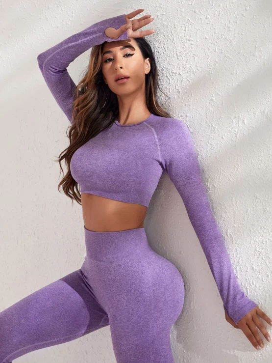 Seamless Raglan Sleeve Wideband Waist Sports Set - Image 3