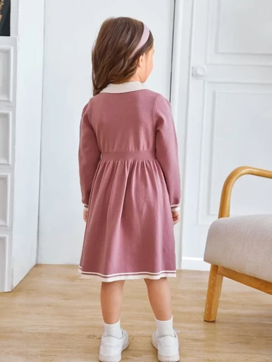 Toddler Girls Contrast Trim Button Detail Sweater Dress - Image 2