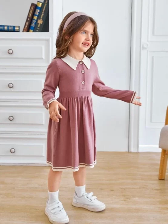 Toddler Girls Contrast Trim Button Detail Sweater Dress - Image 3