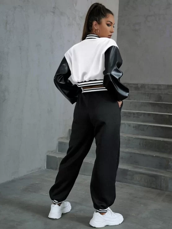 Letter Graphic Striped Trim Crop Varsity Jacket & Sweatpants - Image 2