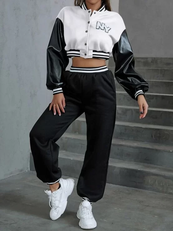 Letter Graphic Striped Trim Crop Varsity Jacket & Sweatpants - Image 3