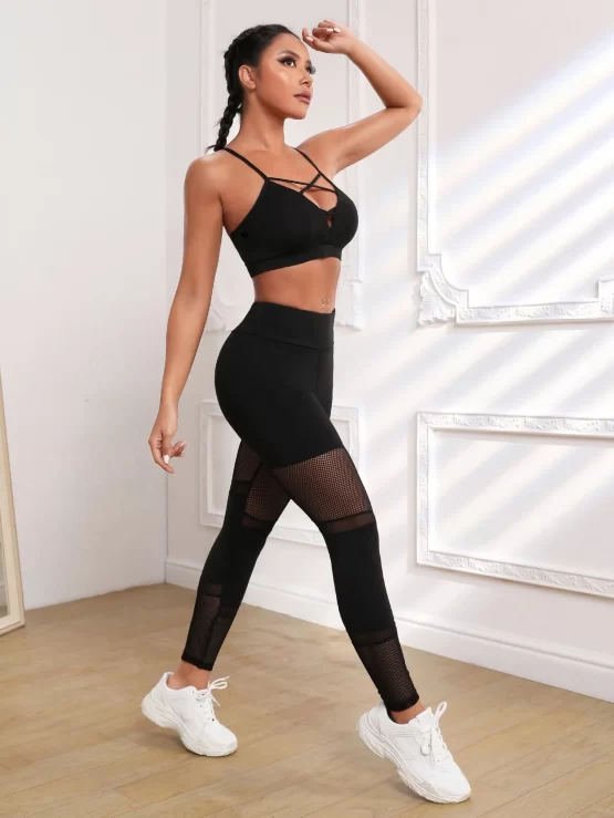 Strappy Back Criss Cross Contrast Mesh Sports Set - Image 3