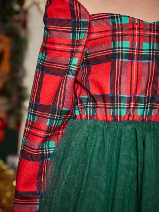 Toddler Girls Tartan Print Panel Mesh Dress - Image 3