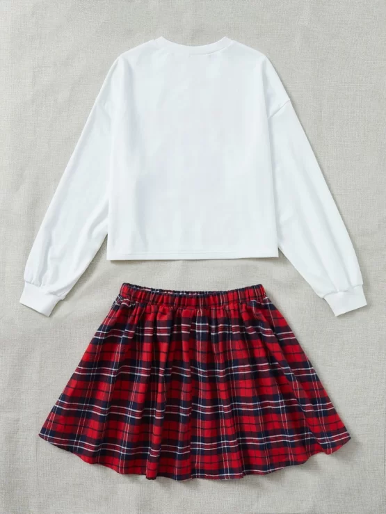 Letter Graphic Drop Shoulder Sweatshirt & Tartan Print Skirt - Image 2