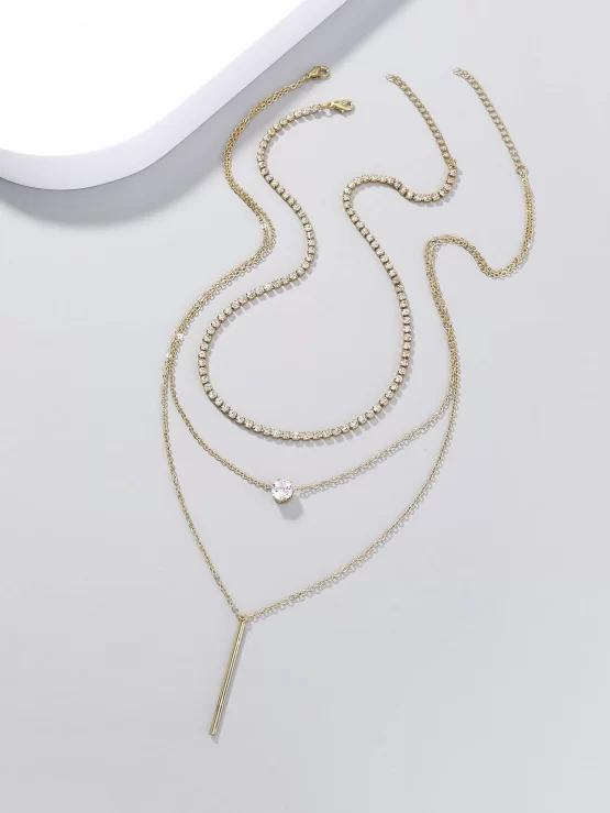 Two Pieces Cubic Zirconia Decor Geometric Charm Necklace - Image 2